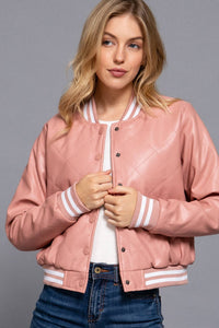 Long Sleeve Quilted PU Faux Leather Bomber Jacket