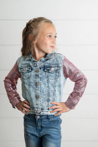 Pink Sequin Sleeve Denim Jacket