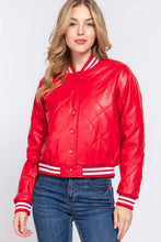 Load image into Gallery viewer, Long Sleeve Quilted PU Faux Leather Bomber Jacket