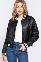 Load image into Gallery viewer, Long Sleeve Quilted PU Faux Leather Bomber Jacket