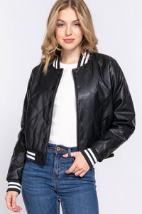 Long Sleeve Quilted PU Faux Leather Bomber Jacket