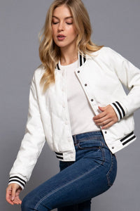 Long Sleeve Quilted PU Faux Leather Bomber Jacket