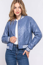 Load image into Gallery viewer, Long Sleeve Quilted PU Faux Leather Bomber Jacket