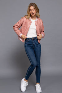 Long Sleeve Quilted PU Faux Leather Bomber Jacket