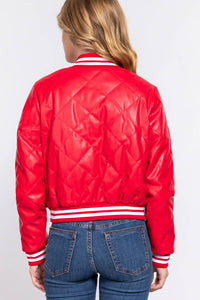 Long Sleeve Quilted PU Faux Leather Bomber Jacket