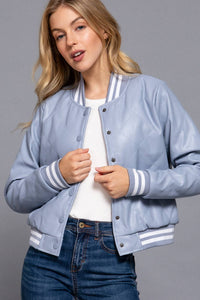 Long Sleeve Quilted PU Faux Leather Bomber Jacket
