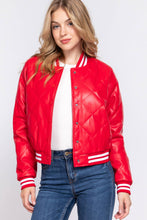 Load image into Gallery viewer, Long Sleeve Quilted PU Faux Leather Bomber Jacket
