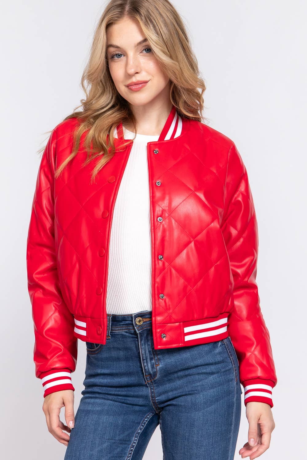 Long Sleeve Quilted PU Faux Leather Bomber Jacket