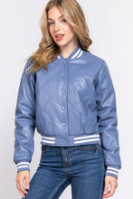 Load image into Gallery viewer, Long Sleeve Quilted PU Faux Leather Bomber Jacket