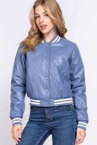 Long Sleeve Quilted PU Faux Leather Bomber Jacket