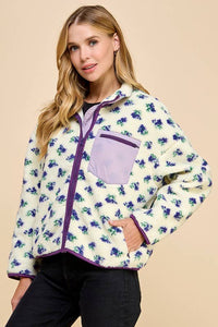 Floral Print Sherpa Jacket With Zipper