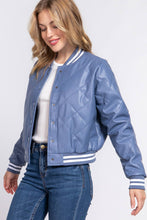 Load image into Gallery viewer, Long Sleeve Quilted PU Faux Leather Bomber Jacket