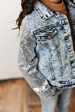Load image into Gallery viewer, Silver Sequin Sleeve Denim Jacket