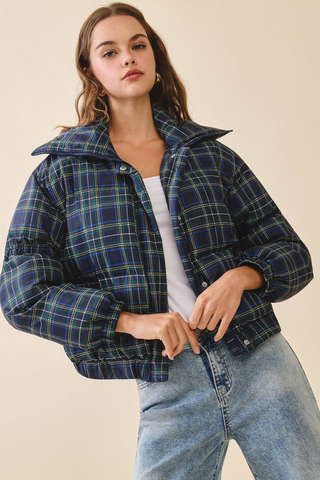 Plaid High Collar Puffer Jacket