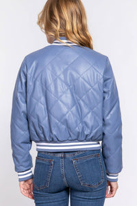 Long Sleeve Quilted PU Faux Leather Bomber Jacket