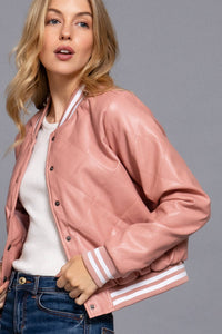 Long Sleeve Quilted PU Faux Leather Bomber Jacket