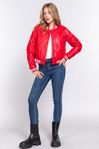 Long Sleeve Quilted PU Faux Leather Bomber Jacket
