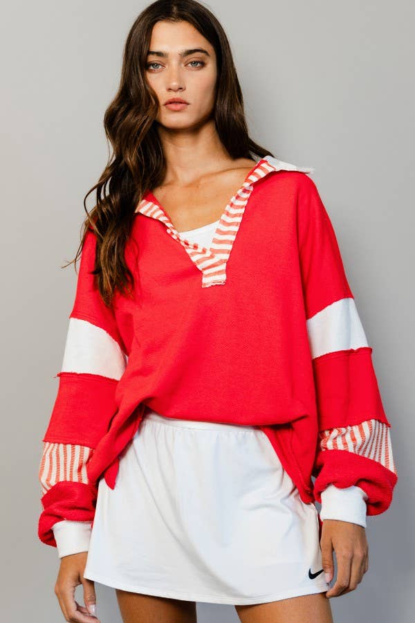 Red French Terry Knit Top